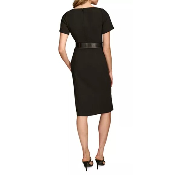 Donna Karan Black Belted V-Neck Double Slit Sheath Dress Size 16 NWT NEW - Picture 2 of 16